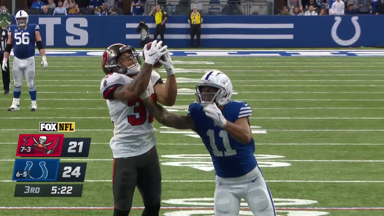 November 28, 2021: Tampa Bay Buccaneers safety Antoine Winfield Jr. (31)  returns interception during NFL football game action between the Tampa Bay  Buccaneers and the Indianapolis Colts at Lucas Oil Stadium in