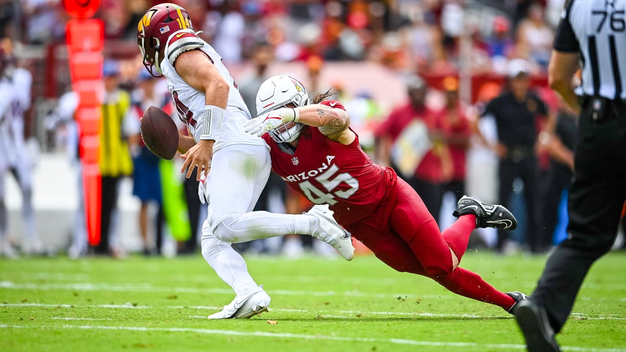 PHOENIX, AZ - SEPTEMBER 25: Arizona Cardinals linebacker Dennis Gardeck (45)  warming up during the NFL game between the Los Angeles Rams and the Arizona  Cardinals on September 25, 2022, at State