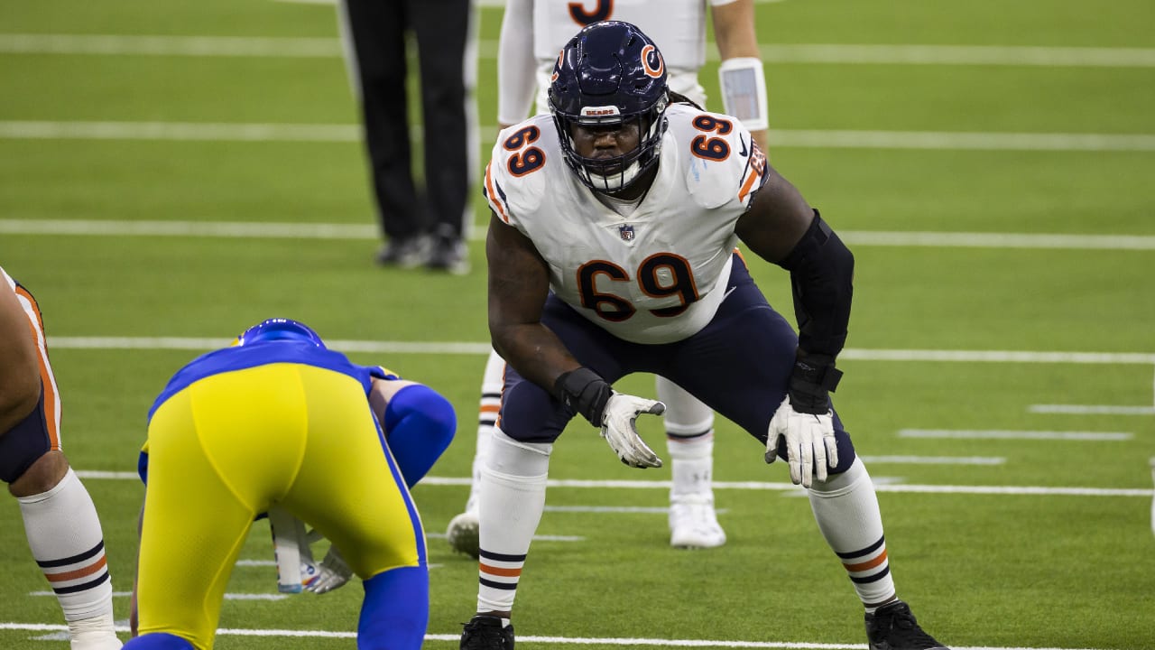 Chicago Bears offensive tackle Rashaad Coward (69) looks on