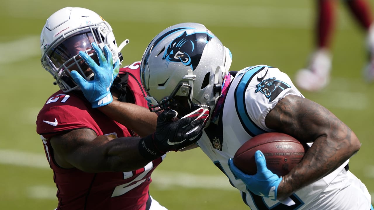 Carolina Panthers safety Jeremy Chinn (21) gets set during an NFL football  game against the Seattle