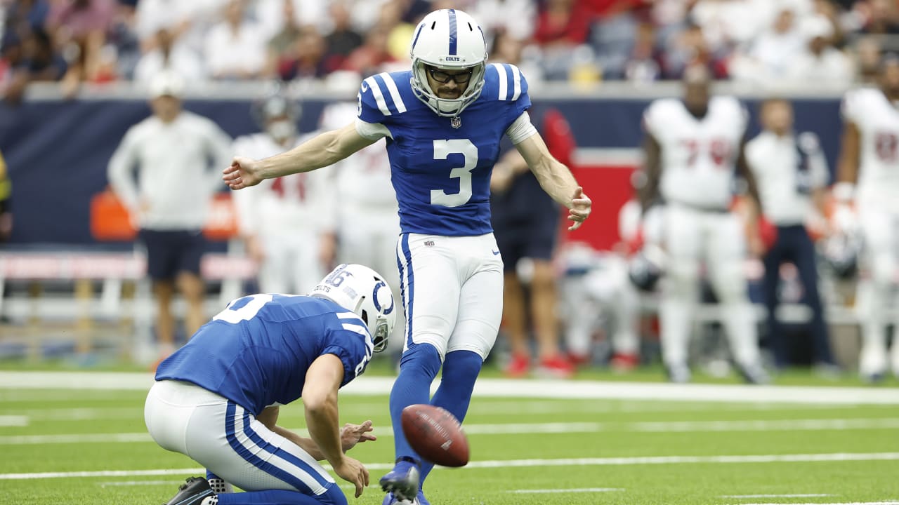 Indianapolis Colts kicker Rodrigo Blankenship (3) follows his kick