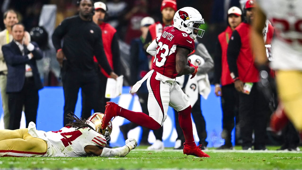 SANTA CLARA, CA - JANUARY 08: Arizona Cardinals wide receiver Greg Dortch  (83) celebrates with Arizona Cardinals wide receiver A.J. Green (18) on the  first touchdown of the Week 18 game between