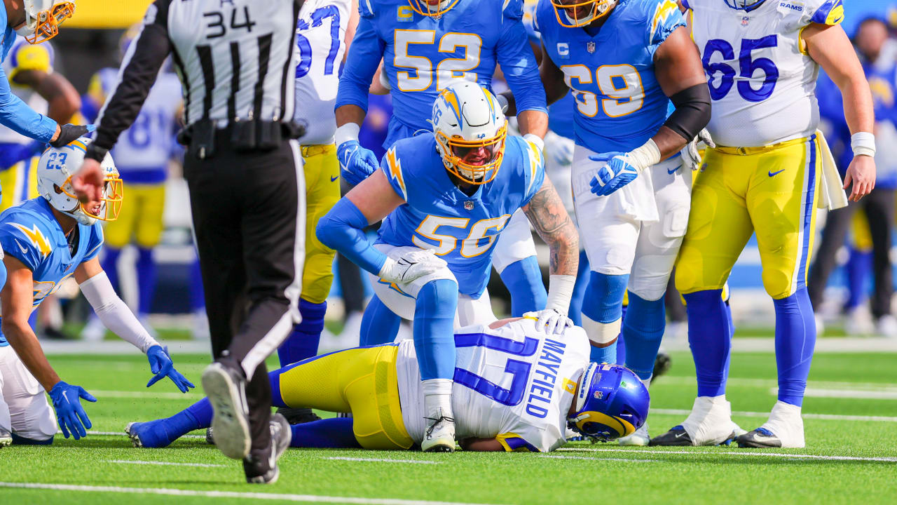 CLEVELAND, OH - OCTOBER 09: Los Angeles Chargers defensive end Morgan Fox  (56) leaves the field following the National Football League game between  the Los Angeles Chargers and Cleveland Browns on October