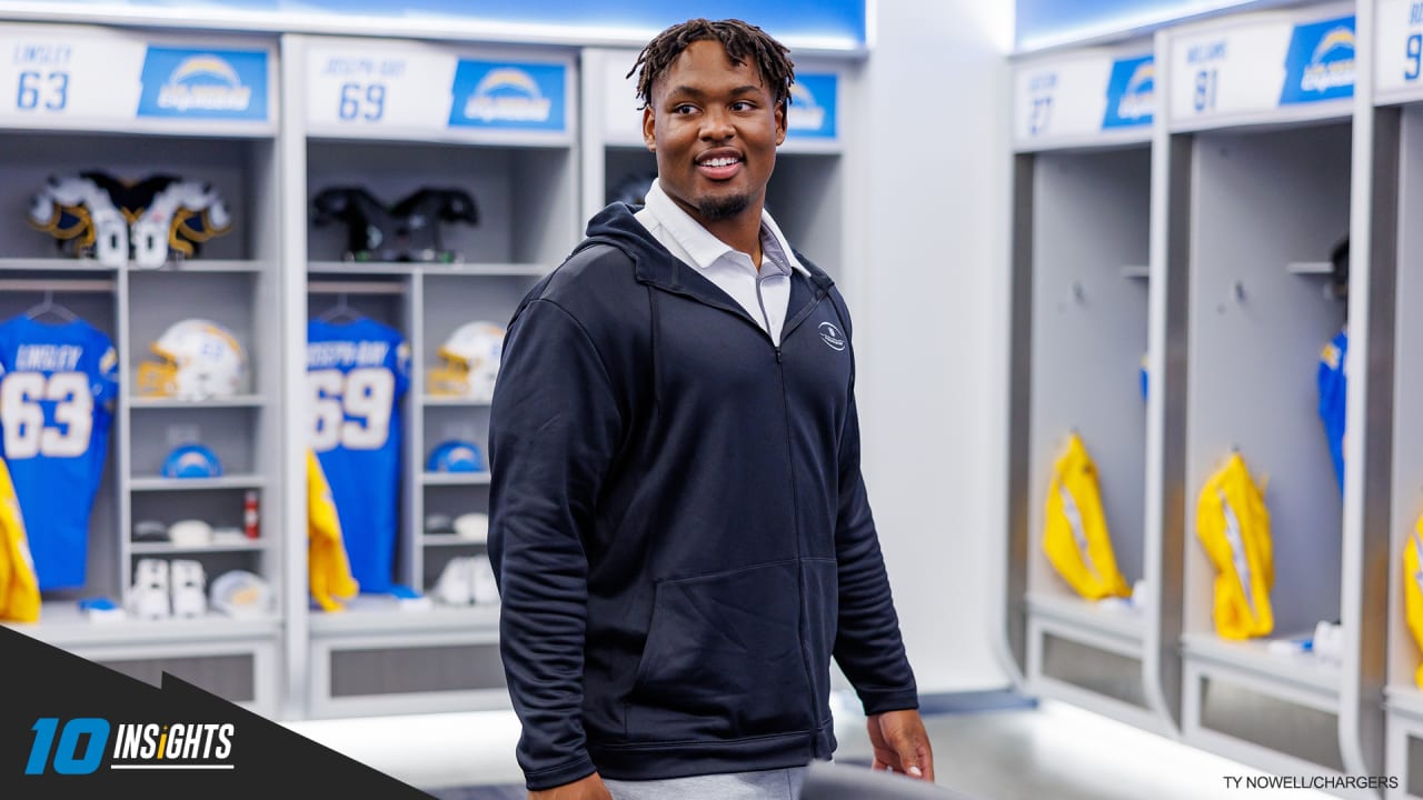 Boston College offensive guard Zion Johnson holds a team jersey after he  was chosen by the Los Angeles Chargers with the 17th pick at the 2022 NFL  Draft, Thursday, April 28, 2022