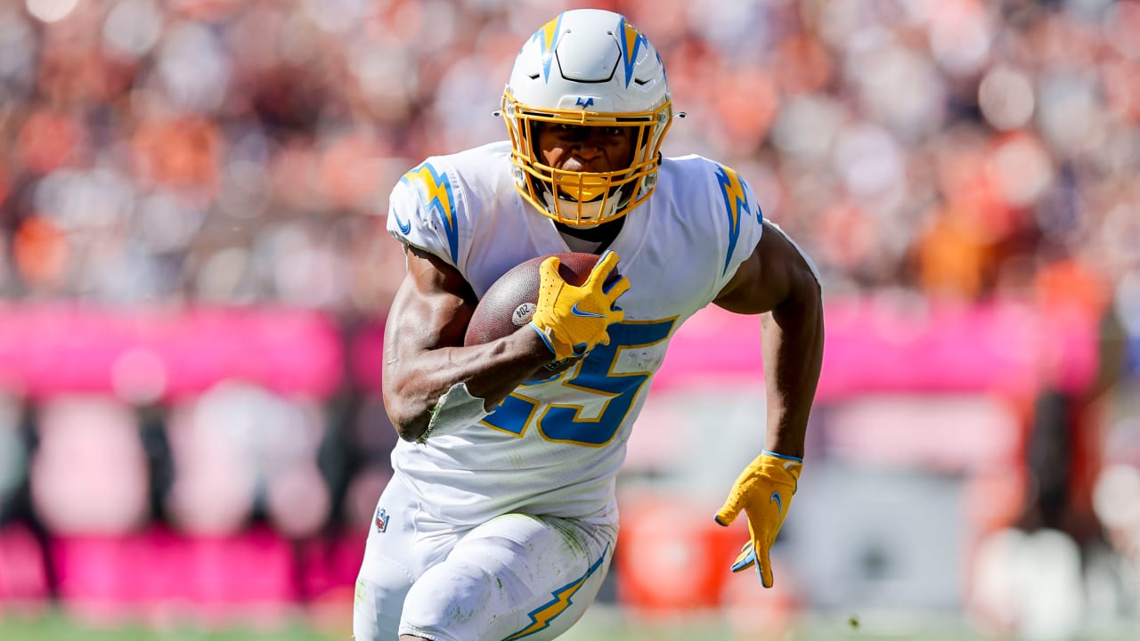 September 25, 2022 Los Angeles Chargers running back Joshua Kelley (25)  carries the ball during the NFL football game between the Los Angeles  Chargers and the Jacksonville Jaguars at SoFi Stadium in