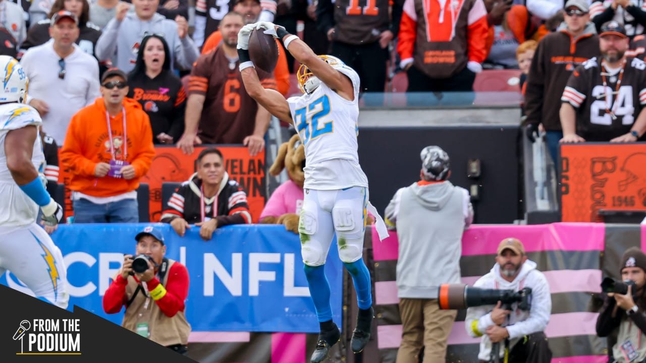 Los Angeles Chargers defensive back Alohi Gilman (32) takes his stance  during an NFL football game against the New England Patriots Sunday, Oct.  31, 2021, in Inglewood, Calif. (AP Photo/Kyusung Gong Stock