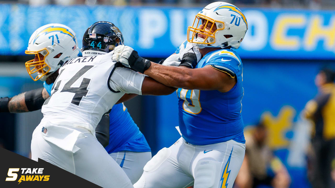 Los Angeles Chargers offensive tackle Rashawn Slater (70) gets set for a  play on the line of scrimmage during an NFL football game against the  Kansas City Chiefs Sunday, Sept. 26, 2021