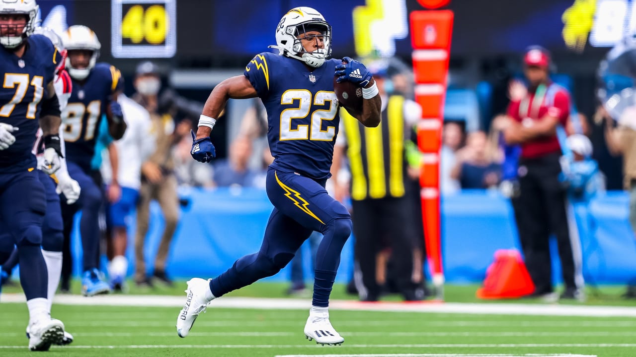 Los Angeles Chargers running back Justin Jackson (22) runs the ball against  the Detroit Lions in