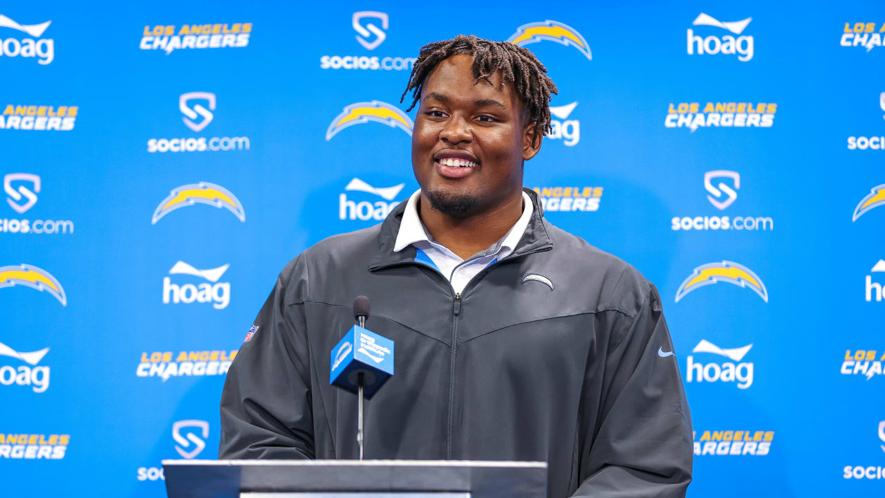 Los Angeles Chargers first-round draft pick Zion Johnson answers questions  during a news conference at the NFL football team's training facility  Friday, April 29, 2022, in Costa Mesa, Calif. (AP Photo/Kyusung Gong