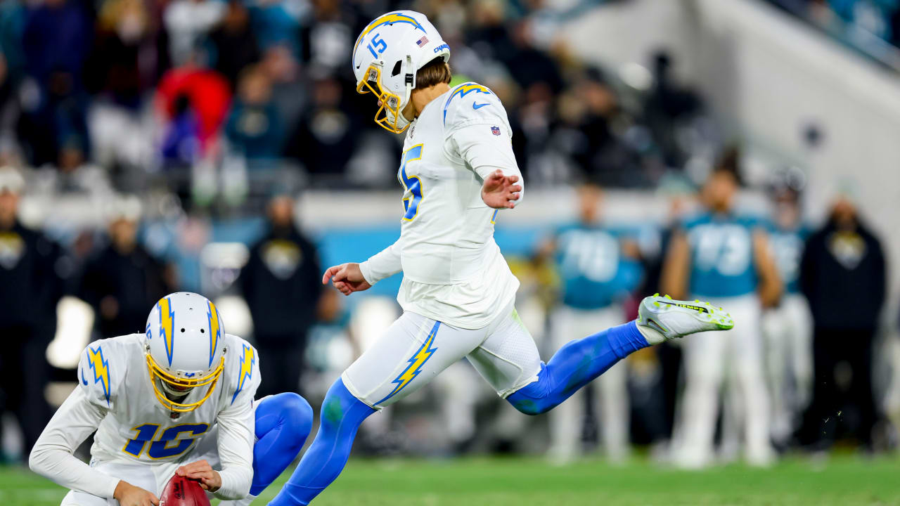 Los Angeles Chargers place-kicker Cameron Dicker (11) kicks a field goal  against the San Francisco 49ers during the first half of an NFL preseason  football game Friday, Aug. 25, 2023, in Santa