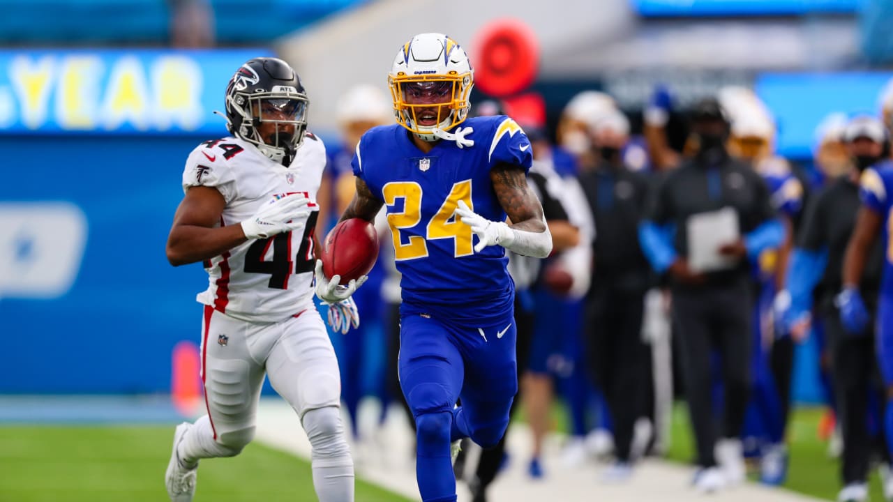 Los Angeles Chargers safety Nasir Adderley (24) makes a tackle