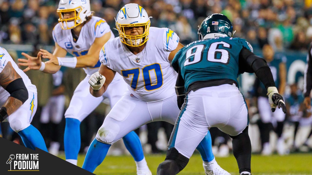 Los Angeles Chargers offensive tackle Rashawn Slater (70) runs a