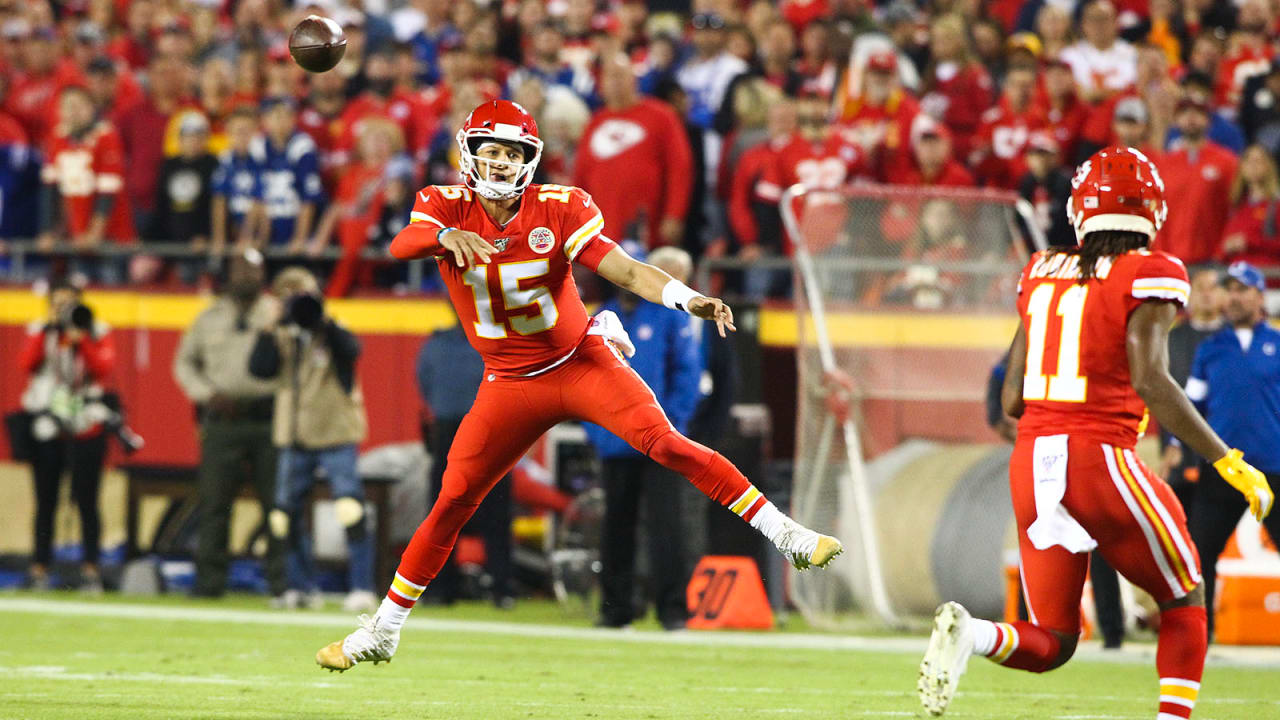 Kansas City Chiefs wide receiver Mecole Hardman (17) poses for a photo  after scoring a touchdown in the fourth quarter against the San Francisco  49ers during an NFL football game, Sunday, Oct.