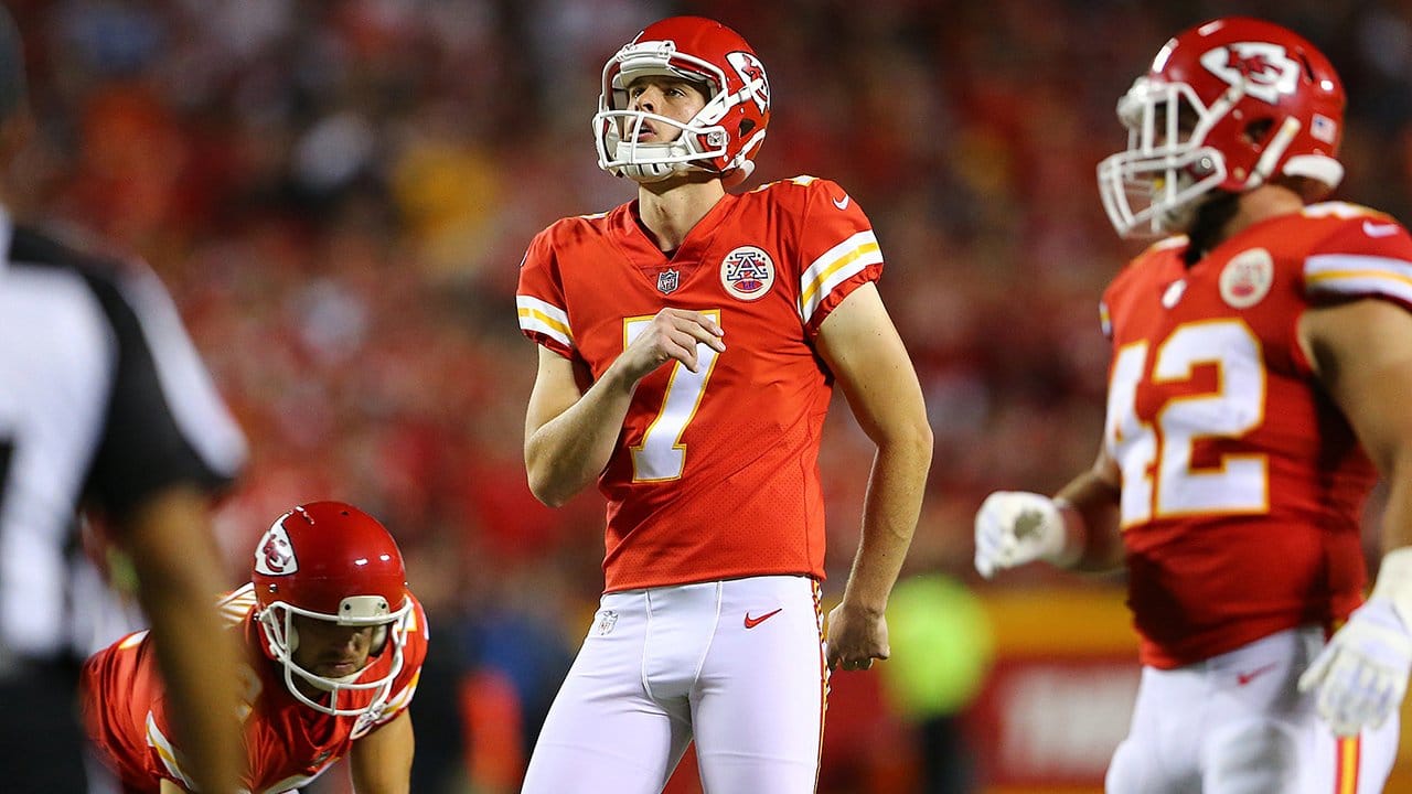 Kansas City Chiefs place kicker Harrison Butker kicks the winning field  goal with eight seconds left in the game giving the Chiefs a 38-35 victory  in