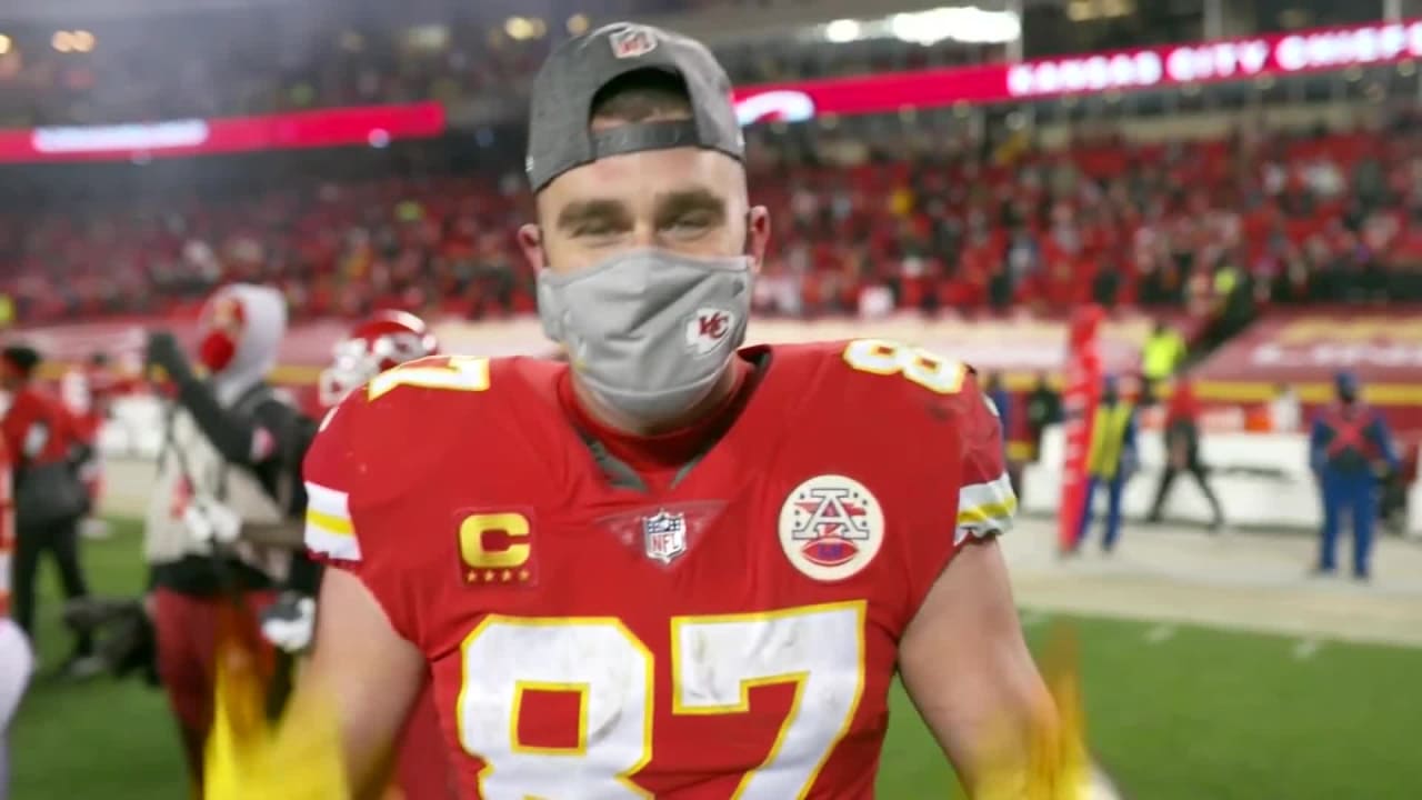 Travis Kelce Celebrates AFC Championship Victory with Teammates