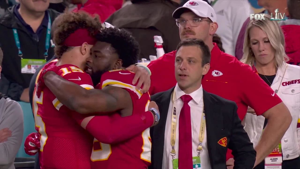 NFL, Super Bowl, Patrick Mahomes, star quarterback hugs dad, video