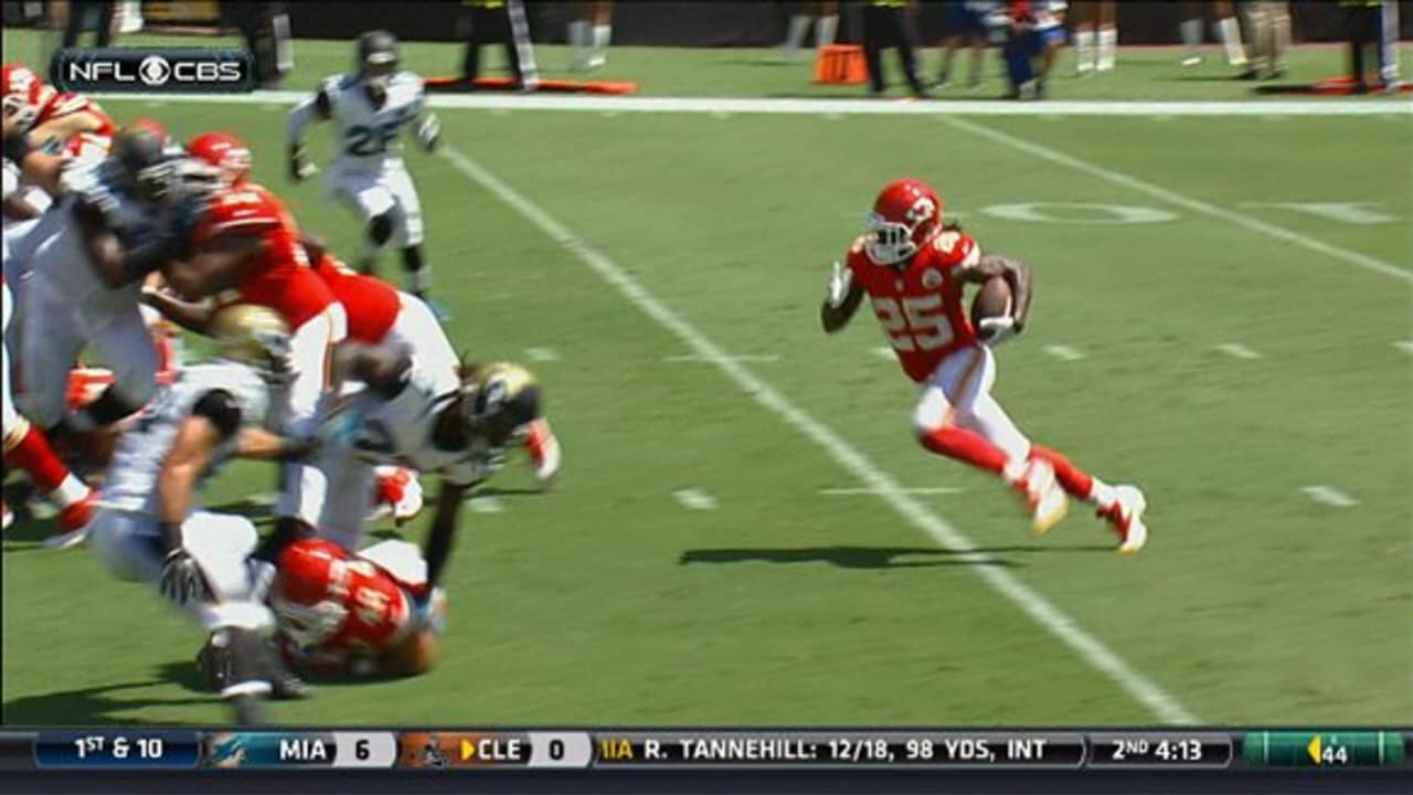 Kansas City Chiefs running back Jamaal Charles (25) recovers a Kansas City  Chiefs fumble during the first half of the NFL football game between the Kansas  City Chiefs and the Denver Broncos