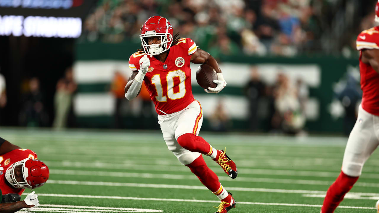 Kansas City Chiefs running back Isiah Pacheco celebrates after