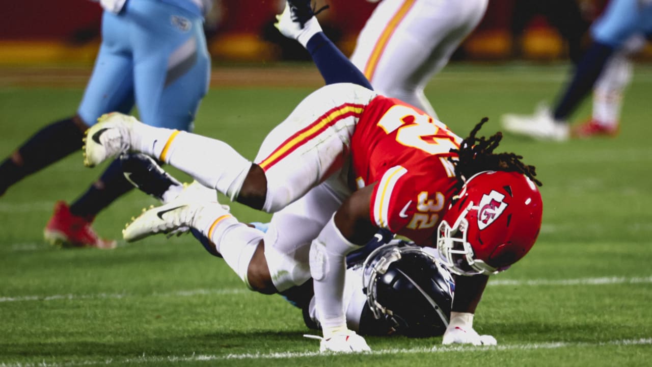 Kansas City Chiefs linebacker #32 Nick Bolton returns the ball to the end  zone before the play is called back and negated during the third quarter of  Super Bowl LVII between the