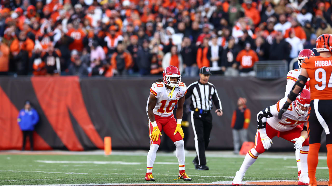 Kansas City Chiefs running back Isiah Pacheco laughs with fans while  wearing a Crucial Catch hat during pre-game warmups before an NFL football  game against the Las Vegas Raiders, Monday, Oct. 10