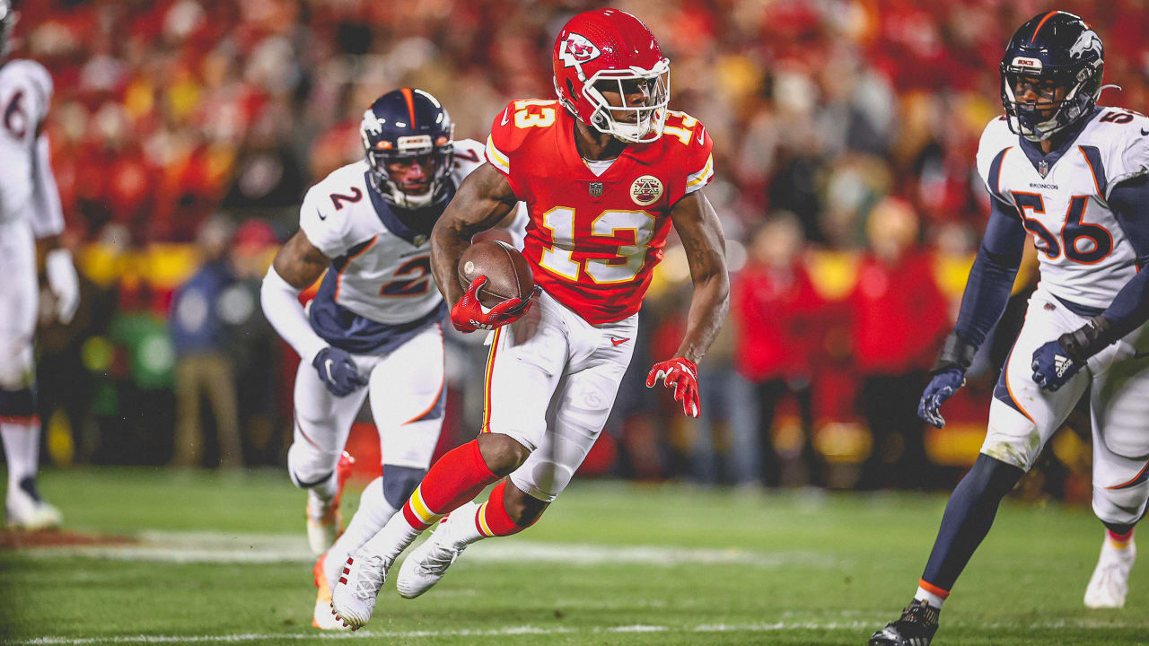 Kansas City Chiefs wide receiver Byron Pringle (13) runs down field during  an NFL football game against the Denver Broncos Sunday, Dec. 5, 2021, in Kansas  City, Mo. (AP Photo/Peter Aiken Stock