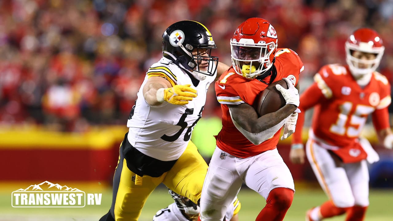 Kansas City Chiefs wide receiver Byron Pringle scores a touchdown against  the Pittsburgh Steelers during the second half of an NFL wild-card playoff  football game, Sunday, Jan. 16, 2022 in Kansas City