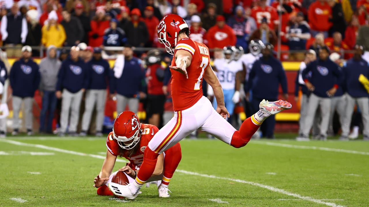 Kansas City Chiefs place kicker Harrison Butker kicks the winning field  goal with eight seconds left in the game giving the Chiefs a 38-35 victory  in