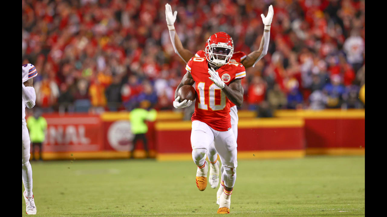 Kansas City Chiefs wide receiver Tyreek Hill (10) gets set on the line of  scrimmage during an NFL football game against the Buffalo Bills Sunday, Oct.  10, 2021, in Kansas City, Mo. (