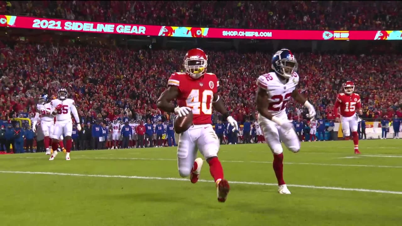 Kansas City Chiefs running back Derrick Gore scores on a touchdown run  during the first half of an NFL football game against the New York Giants  Monday, Nov. 1, 2021, in Kansas