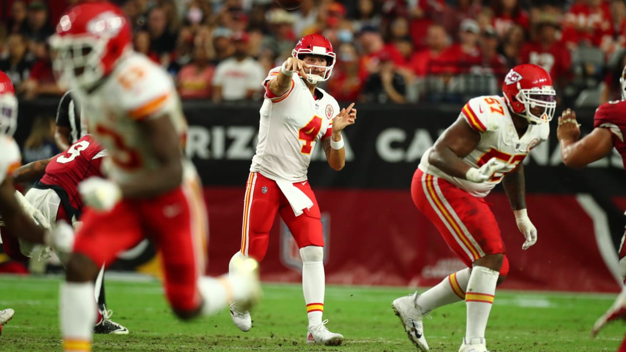 Kansas City Chiefs quarterback Patrick Mahomes (15) talks with quarterback  Chad Henne (4) on the sideline during an NFL football game against the Las  Vegas Raiders, Sunday, Nov. 14, 2021, in Las