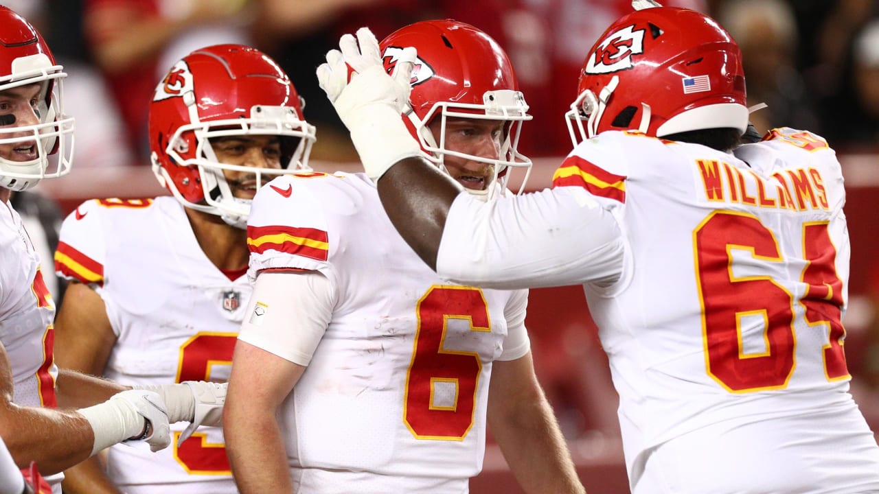 Kansas City Chiefs quarterback Shane Buechele (6) runs with the ball during  an NFL pre-season football game against the Washington Commanders Saturday,  Aug. 20, 2022, in Kansas City, Mo. (AP Photo/Peter Aiken