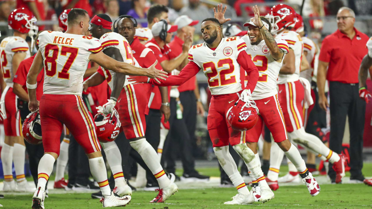 Kansas City Chiefs safety Juan Thornhill (22) gets set on defense