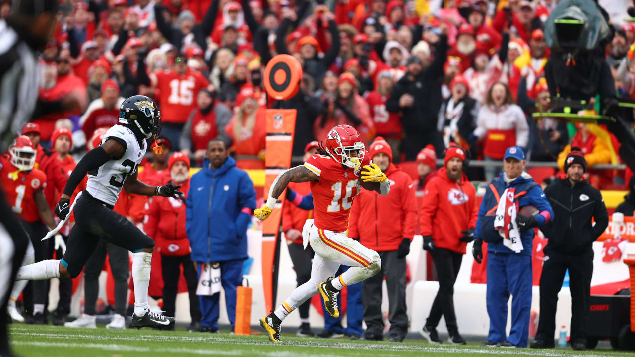 Kansas City Chiefs running back Isiah Pacheco celebrates with fans after a  win against the Jacksonville Jaguars during an NFL Divisional Playoff  football game Saturday, Jan. 21, 2023, in Kansas City, Mo. (