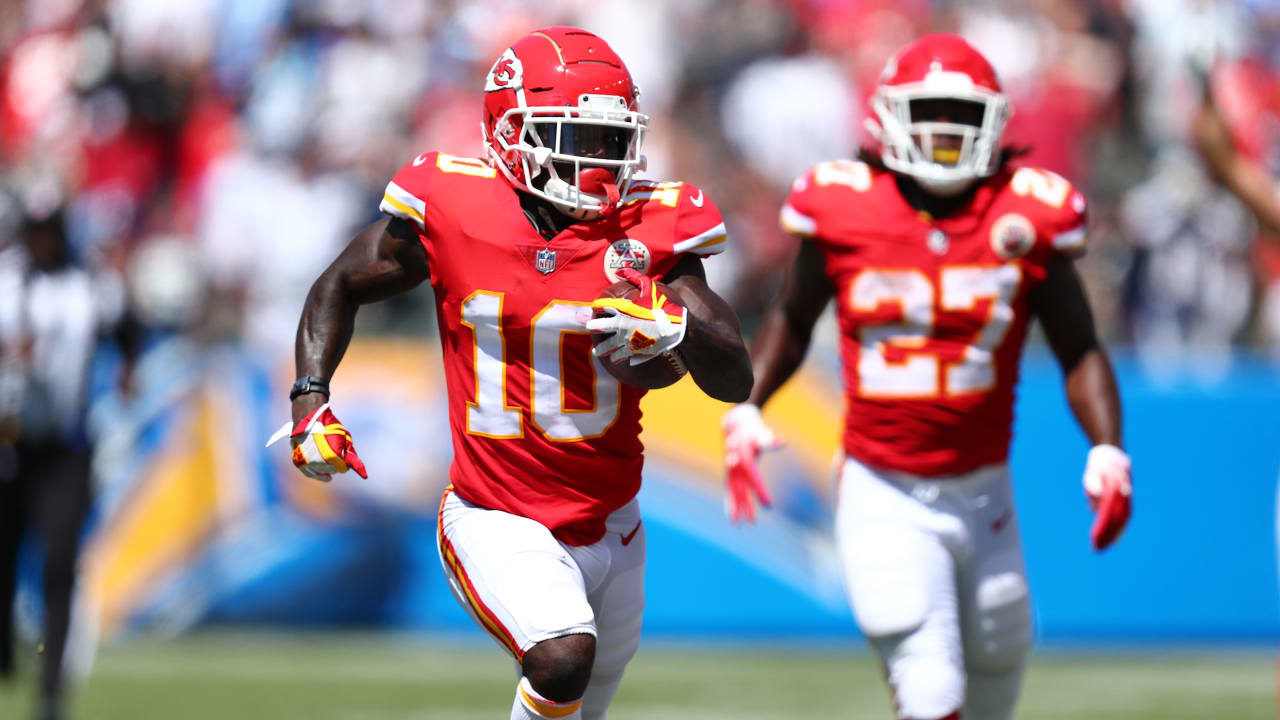 Kansas City Chiefs' Tyreek Hill walks off the field at the end of the game  after the Chiefs defeated the Chargers 38-28 at StubHub Center in Carson,  California on September 9, 2018.