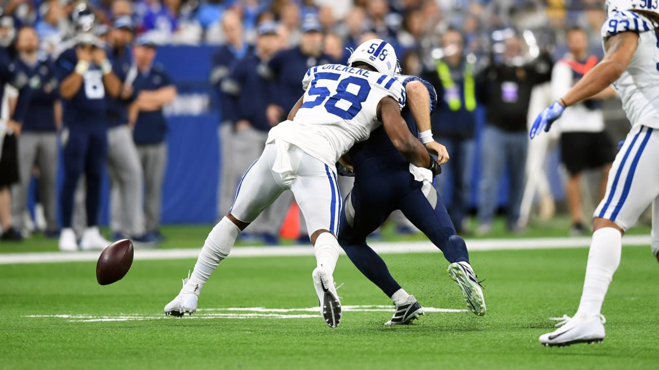 Indianapolis Colts linebacker Bobby Okereke (58) lines up on defense during  an NFL football game against the Washington Commanders, Sunday, Oct. 30,  2022, in Indianapolis. (AP Photo/Zach Bolinger Stock Photo - Alamy