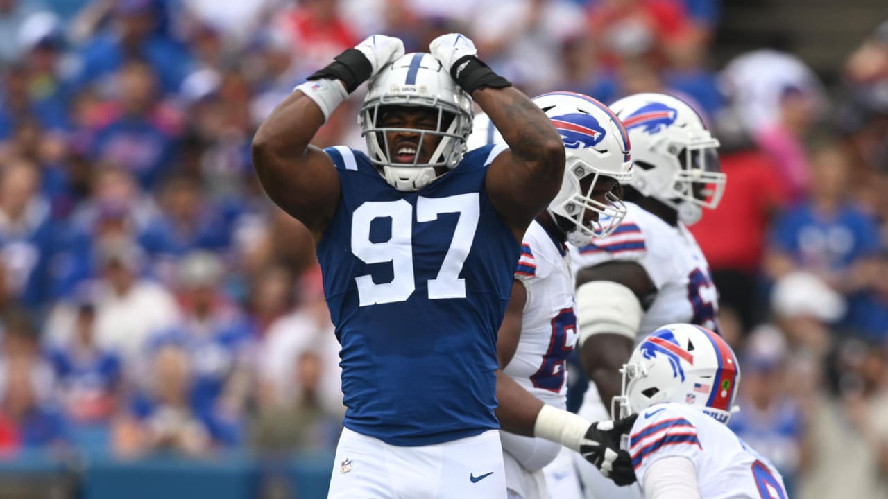 Indianapolis Colts defensive end Al-Quadin Muhammad (97) tackles