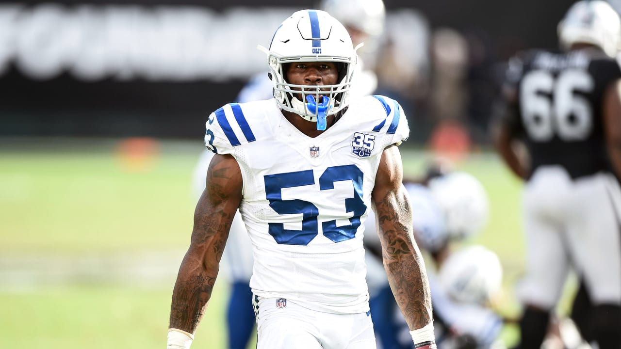 Indianapolis Colts linebacker Darius Leonard (53) warms up on the field  wearing a Salute to Service sweatshirt before an NFL football game between  the Indianapolis Colts and Baltimore Ravens, Sunday, Nov. 8