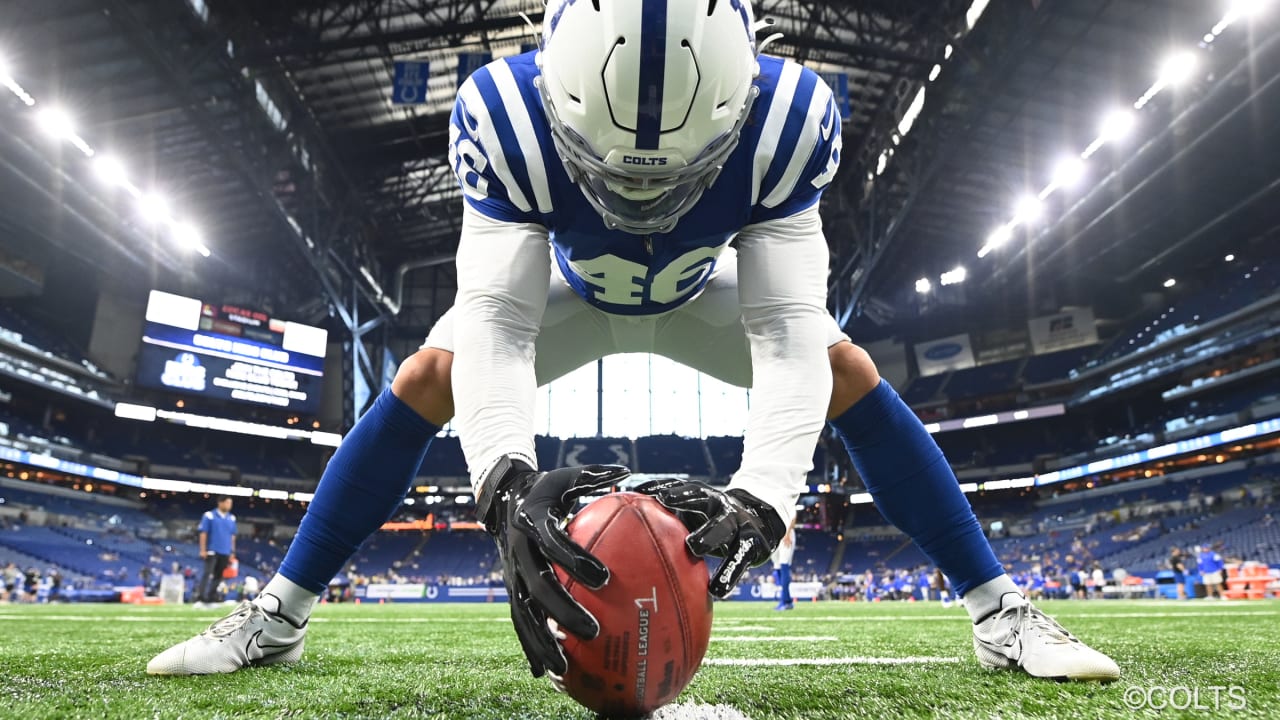 AFC long snapper Luke Rhodes of the Indianapolis Colts (46) looks out  during the singing of the national anthem before the Pro Bowl NFL football  game, Sunday, Feb. 6, 2022, in Las