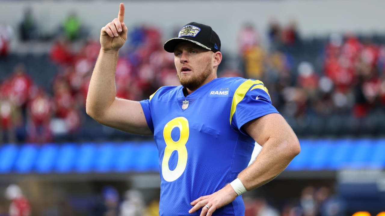 Los Angeles Rams place kicker Matt Gay kicks a field goal from the hold of  Rams punter Riley Dixon (11) during the first half of an NFL football game  against the Kansas