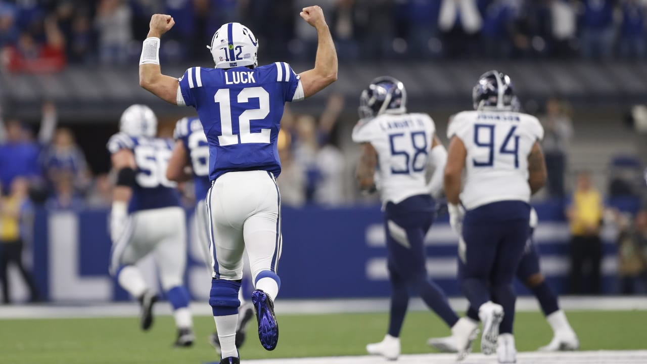 Indianapolis Colts quarterback Andrew Luck (12) celebrates after