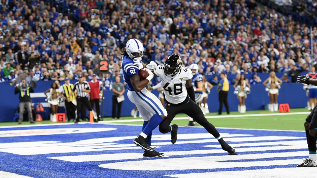 Indianapolis, Indiana, USA. 17th Oct, 2021. Indianapolis Colts tight end Mo  Alie-Cox (81) and Indianapolis Colts wide receiver Michael Pittman (11)  celebrate touchdown during NFL football game action between the Houston  Texans