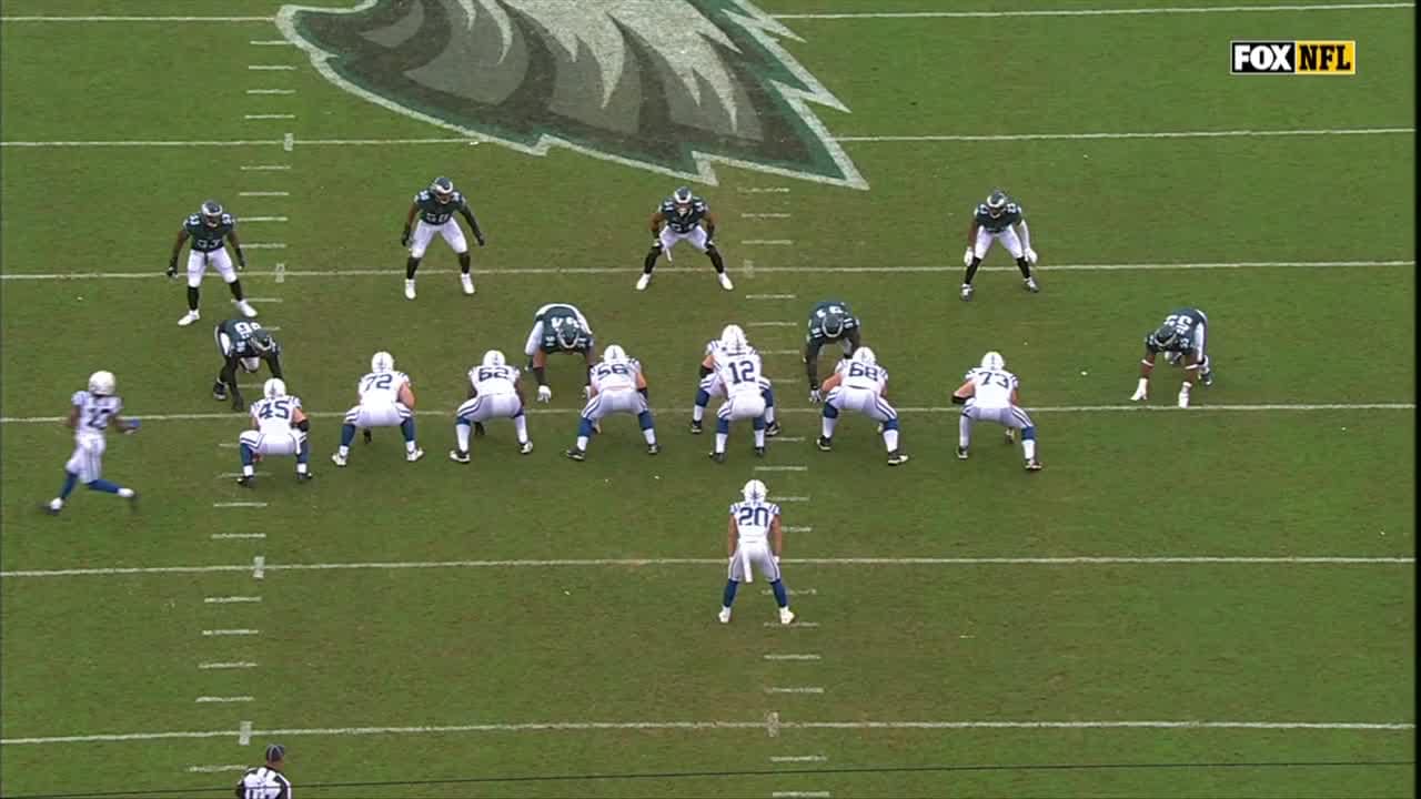 Indianapolis Colts defensive end Dayo Odeyingbo's third-down sack on Philadelphia  Eagles quarterback Tanner McKee forces Eagles punt