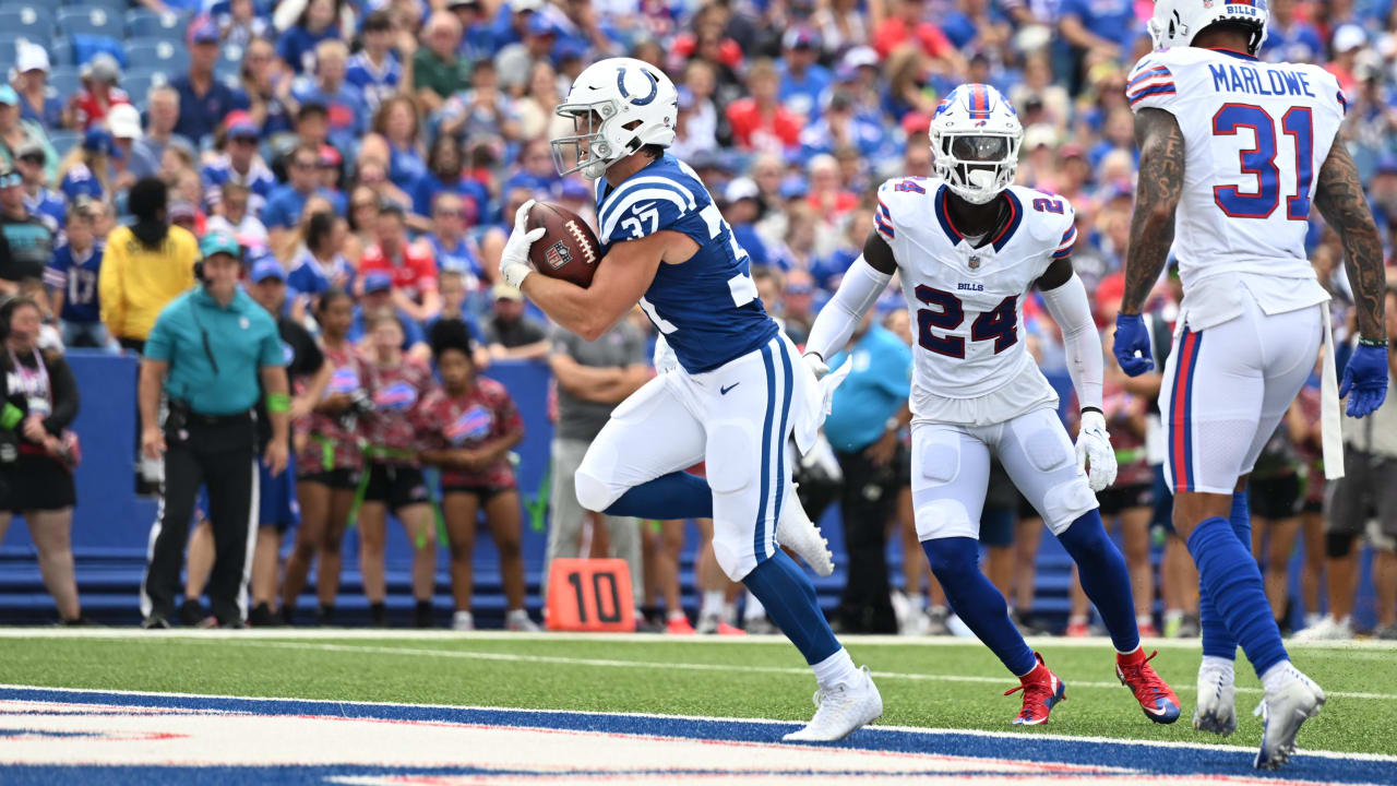 Indianapolis Colts running back Jake Funk (37) runs with the ball during  the first half an NFL preseason football game against the Buffalo Bills in  Orchard Park, N.Y., Saturday, Aug. 12, 2023. (