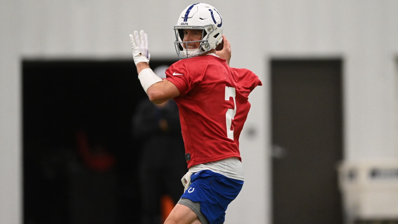 Indianapolis Colts quarterbacks, from left, Matt Ryan, Nick Foles, Sam  Ehlinger and Jack Coan drop back to throw during practice at the NFL team's  football training camp in Westfield, Ind., Thursday, July