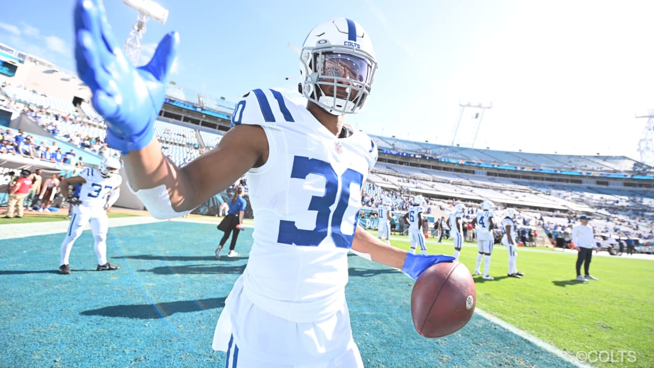 Indianapolis Colts safety George Odum (30) drops into coverage during an  NFL football game against the Tampa Bay Buccaneers, Sunday, Nov. 28, 2021,  in Indianapolis. (AP Photo/Zach Bolinger Stock Photo - Alamy