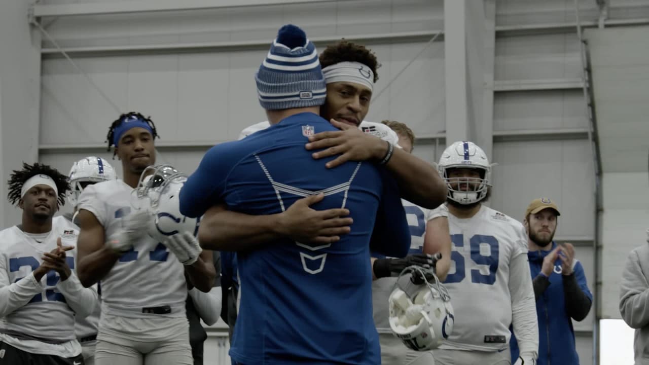 February 5, 2022: Indianapolis Colts defensive line DeForest Buckner (99)  signed a souvenir football and is throwing it into the crowd during the AFC Pro  Bowl Practice at Las Vegas Ballpark in