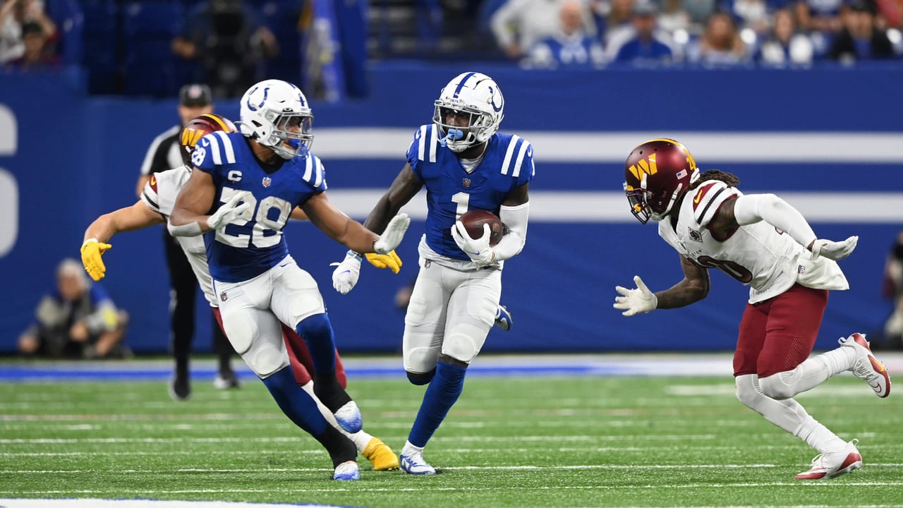 Indianapolis Colts wide receiver Parris Campbell (1) makes a catch in front  of Carolina Panthers corner back Troy Pride Jr. (25) during the first half  of an NFL exhibition football game in