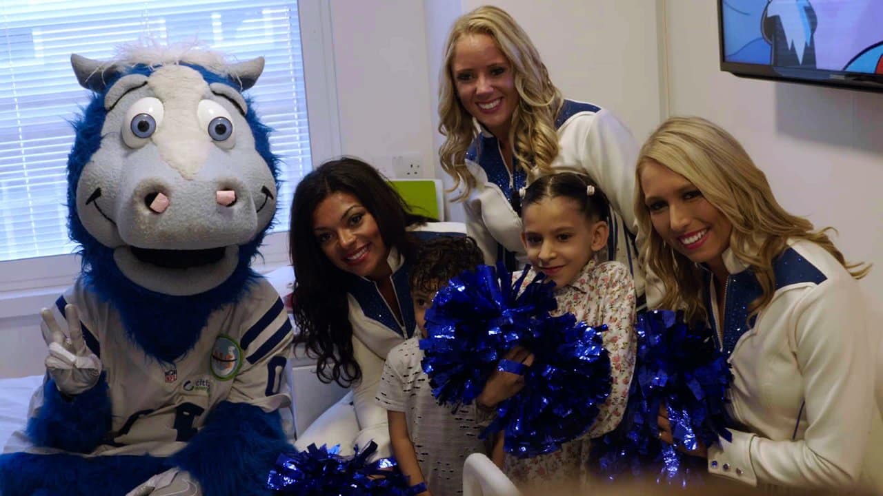 Colts mascot Blue shaved the heads of two Colts cheerleaders during the 4th  quarter on Sunday, November 25, 2012, in Indianapolis, Indiana. The money  raised, over $20,000, will go to Leukemia research