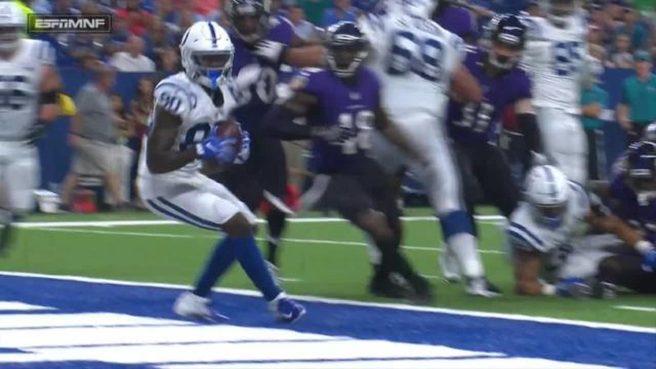 Indianapolis, USA. 17 August 2019. Indianapolis Colts wide receiver Chester  Rogers (80) runs with the ball during NFL football preseason game action  between the Cleveland Browns and the Indianapolis Colts at Lucas