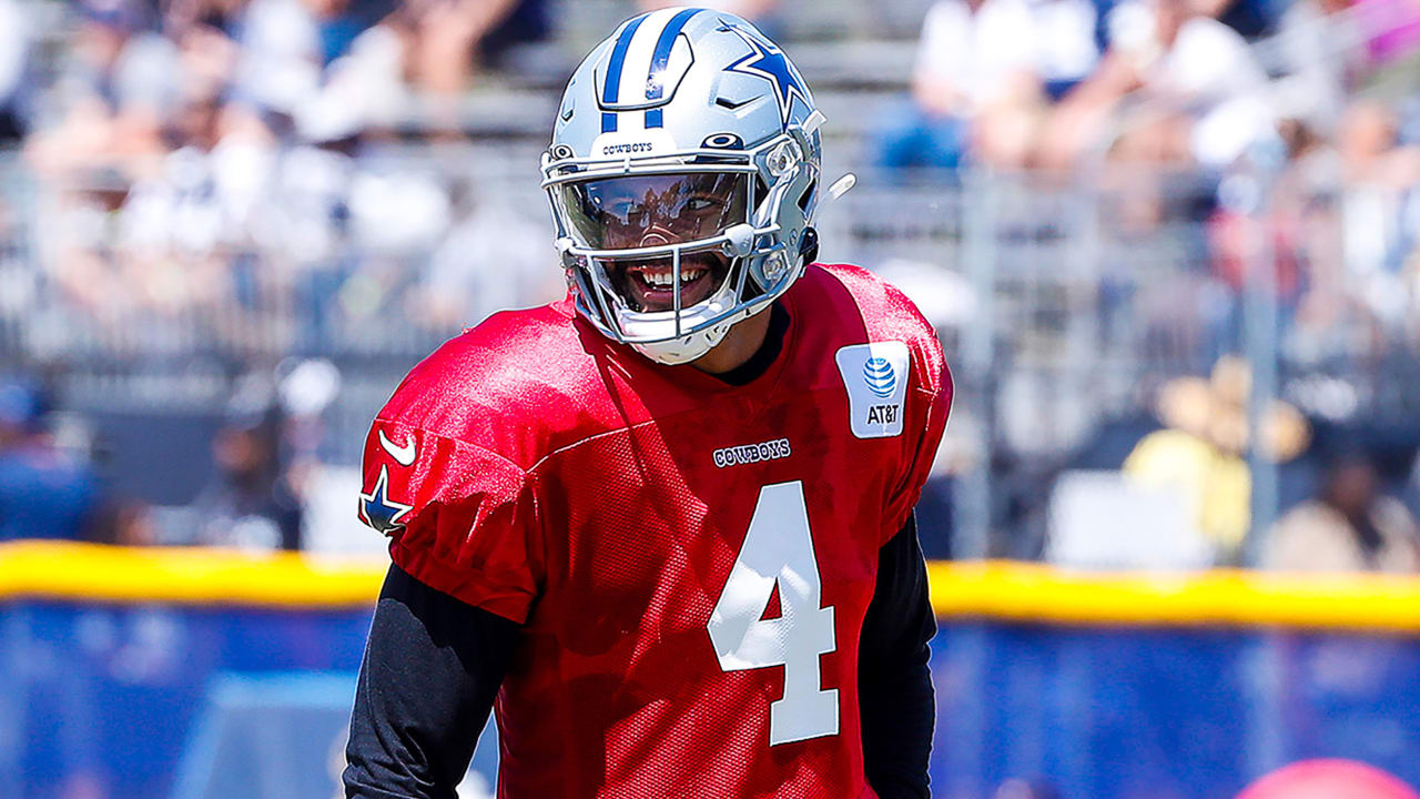 Dallas Cowboys quarterback Dak Prescott participates in warm ups before an  NFL preseason footba …